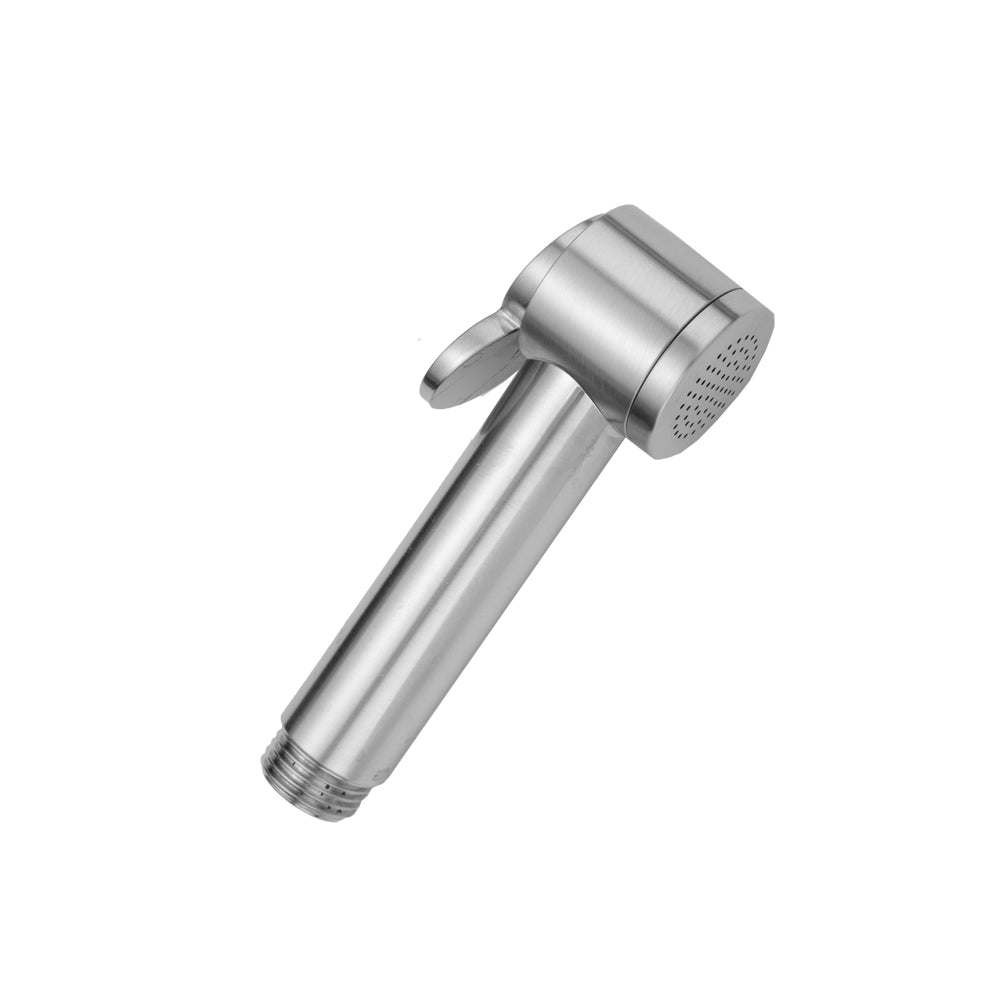 Polished nickel bidet handshower with cylindrical body, trigger handle, and perforated spray head.