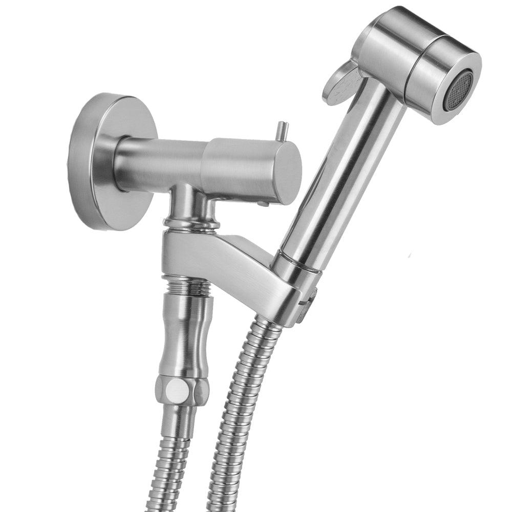 Stainless steel bidet spray kit with wall-mounted supply valve, flexible hose, and handheld spray head with aerator.