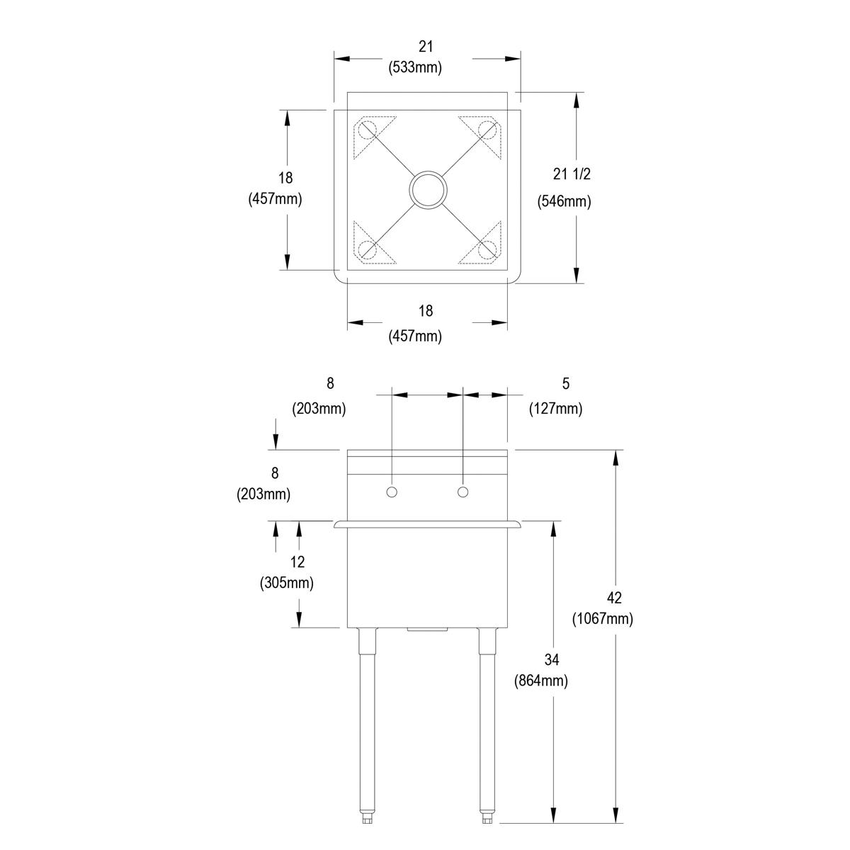 Stainless steel one-compartment sink with single drain hole and four support legs, shown in top and side elevation views with