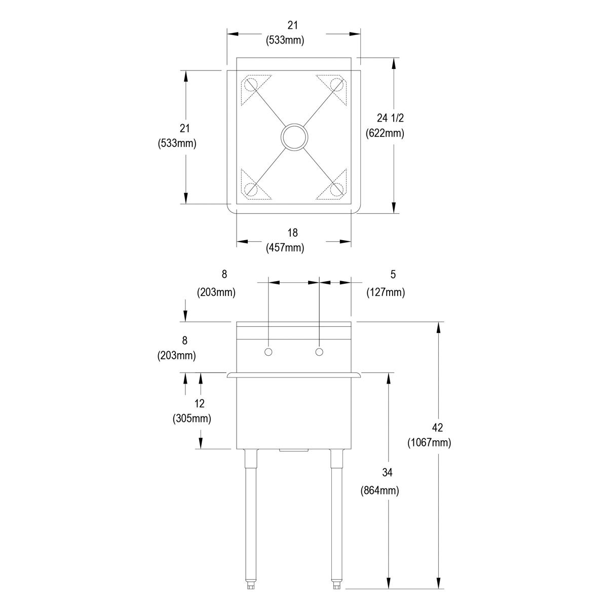 Technical schematic of stainless steel single-compartment sink with dimensions and leg specifications.