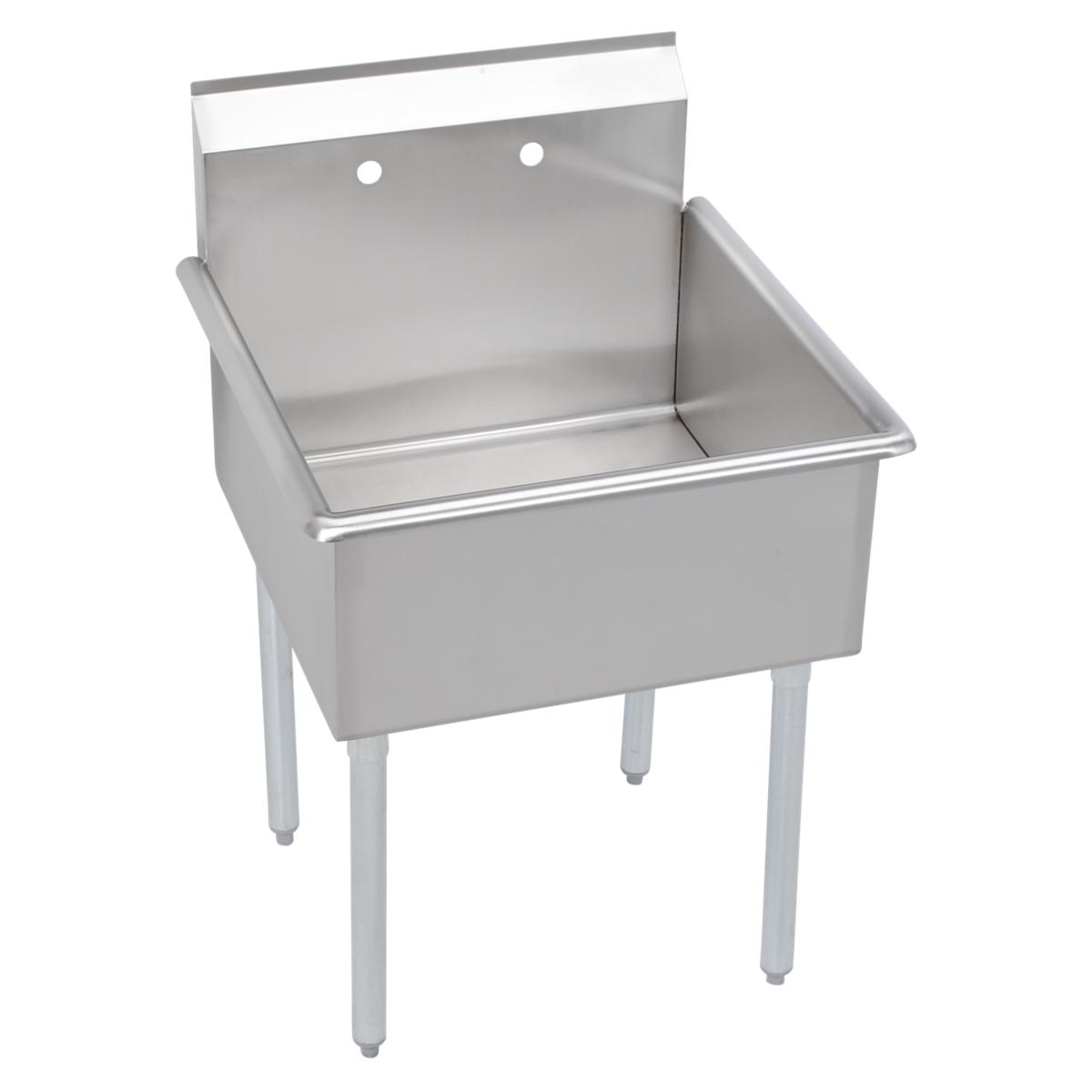 Stainless steel single-compartment utility sink with backsplash, drain holes, and four legs.