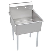 Stainless steel single-compartment utility sink with backsplash, drain holes, and four legs.