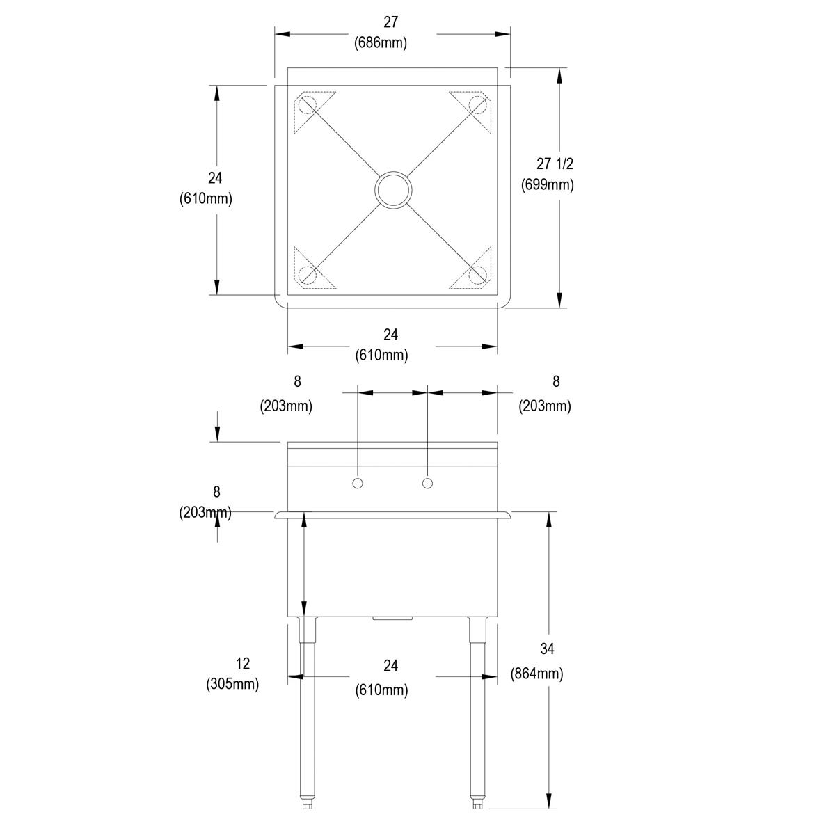 Stainless steel single-compartment sink with square basin, center drain, and four legs shown in top and side technical views 