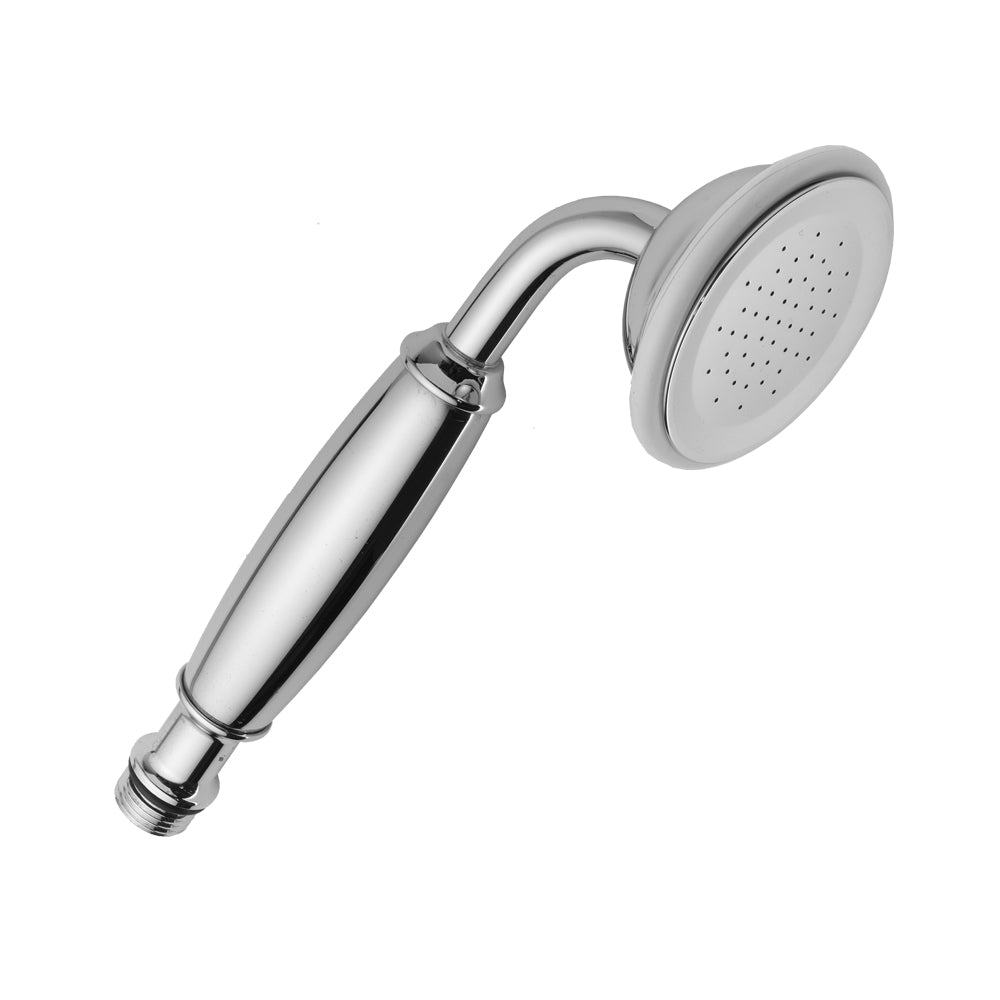Chrome handshower with cylindrical handle, curved arm, and round shower head with multiple spray holes.