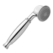 Satin nickel handheld showerhead with cylindrical handle and perforated circular spray face.