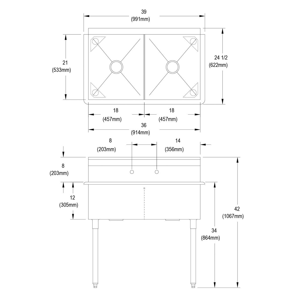 Two-compartment stainless steel sink with drain holes and four support legs, shown in technical schematic view.
