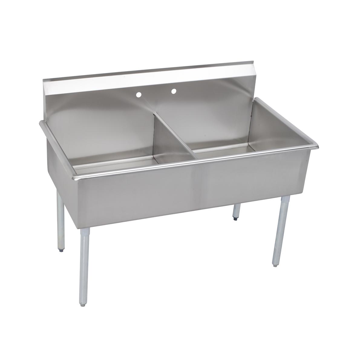 Stainless steel two-compartment utility sink with divider, backsplash, and four metal legs.