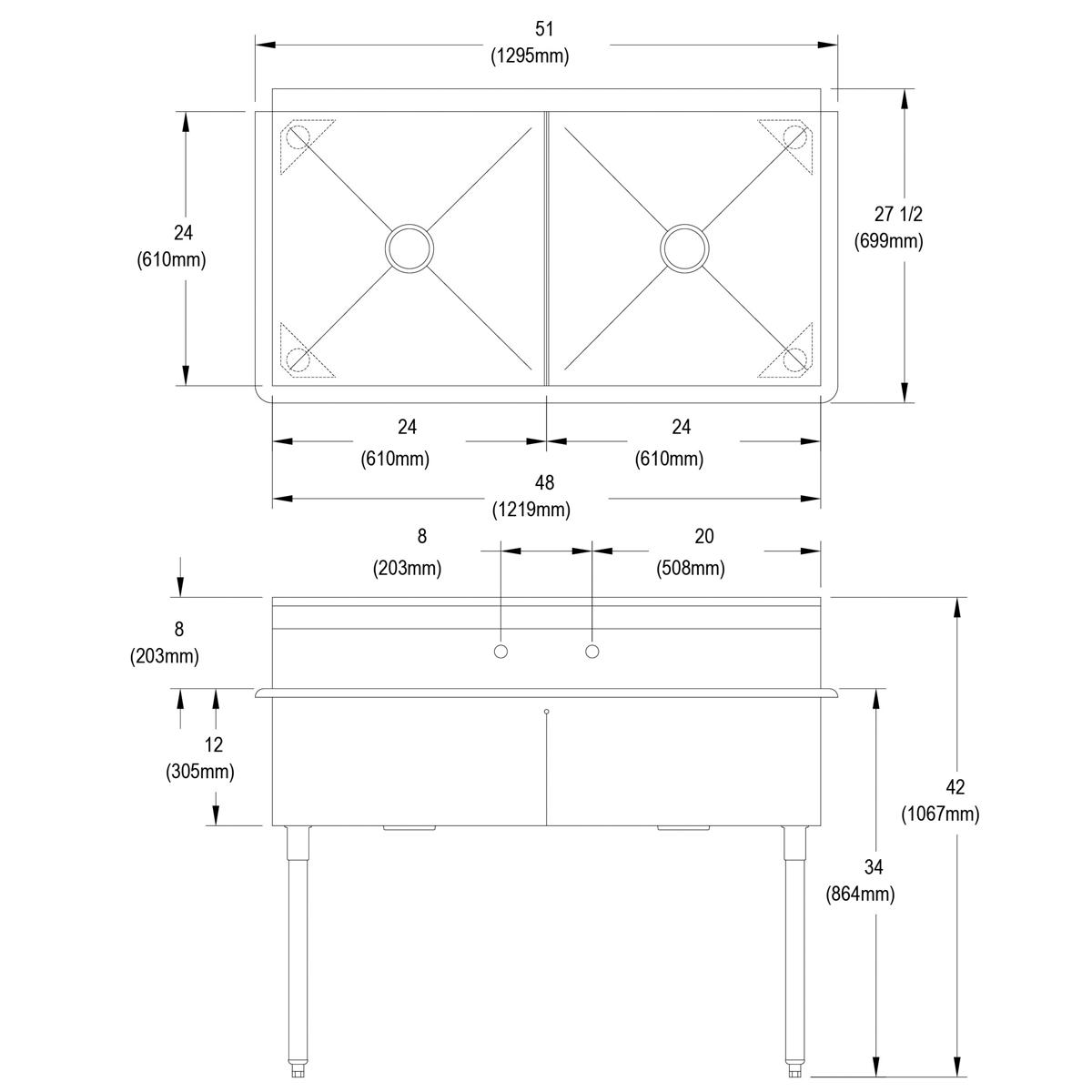 Two-compartment stainless steel sink with divider, dual drains, and four legs shown in technical schematic with dimensions.