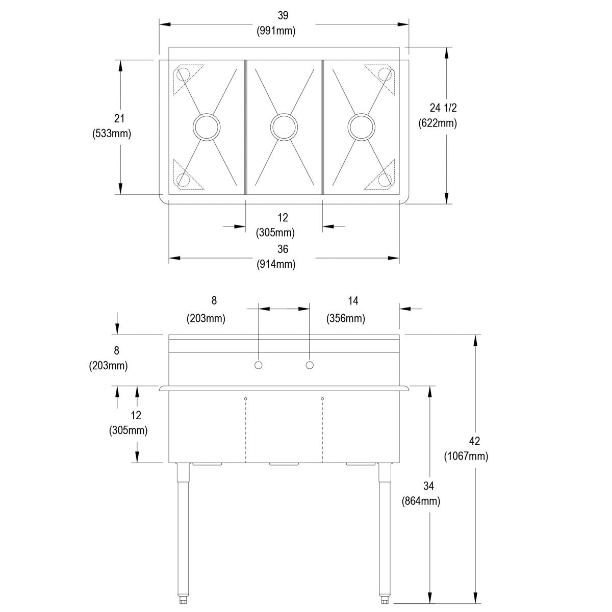 Three-compartment stainless steel sink with three drain holes and stainless steel legs, shown in top and side elevation techn