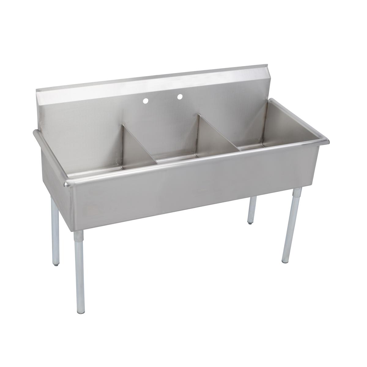 Stainless steel three-compartment sink with dividers and stainless steel legs.