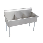 Stainless steel three-compartment sink with dividers and stainless steel legs.
