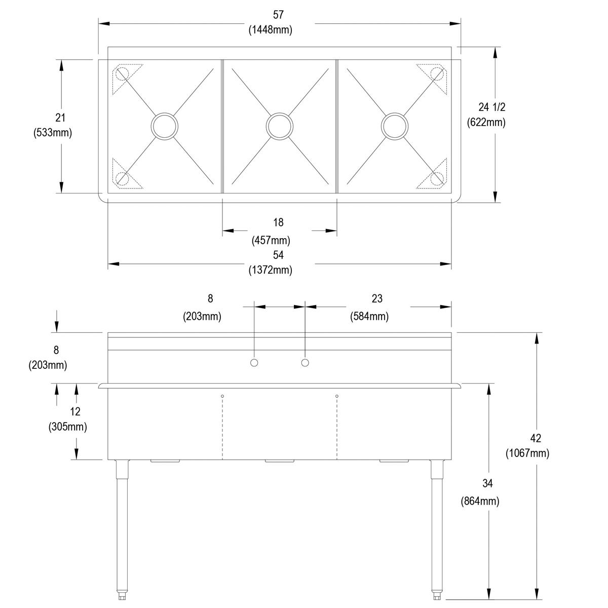 Three-compartment stainless steel sink with drain holes and legs, shown in top and side technical drawings.