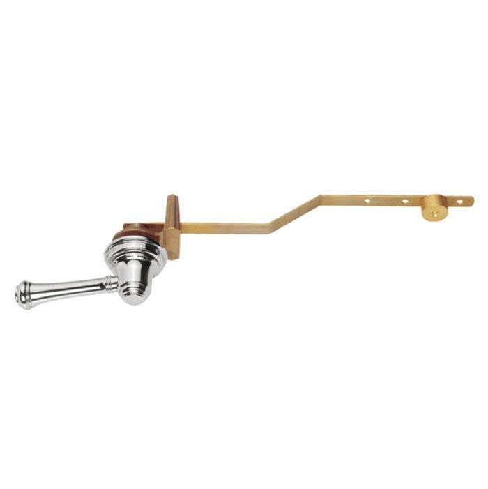 Polish brass tank lever with chrome spout and angled brass arm for toilet fill valve installation.