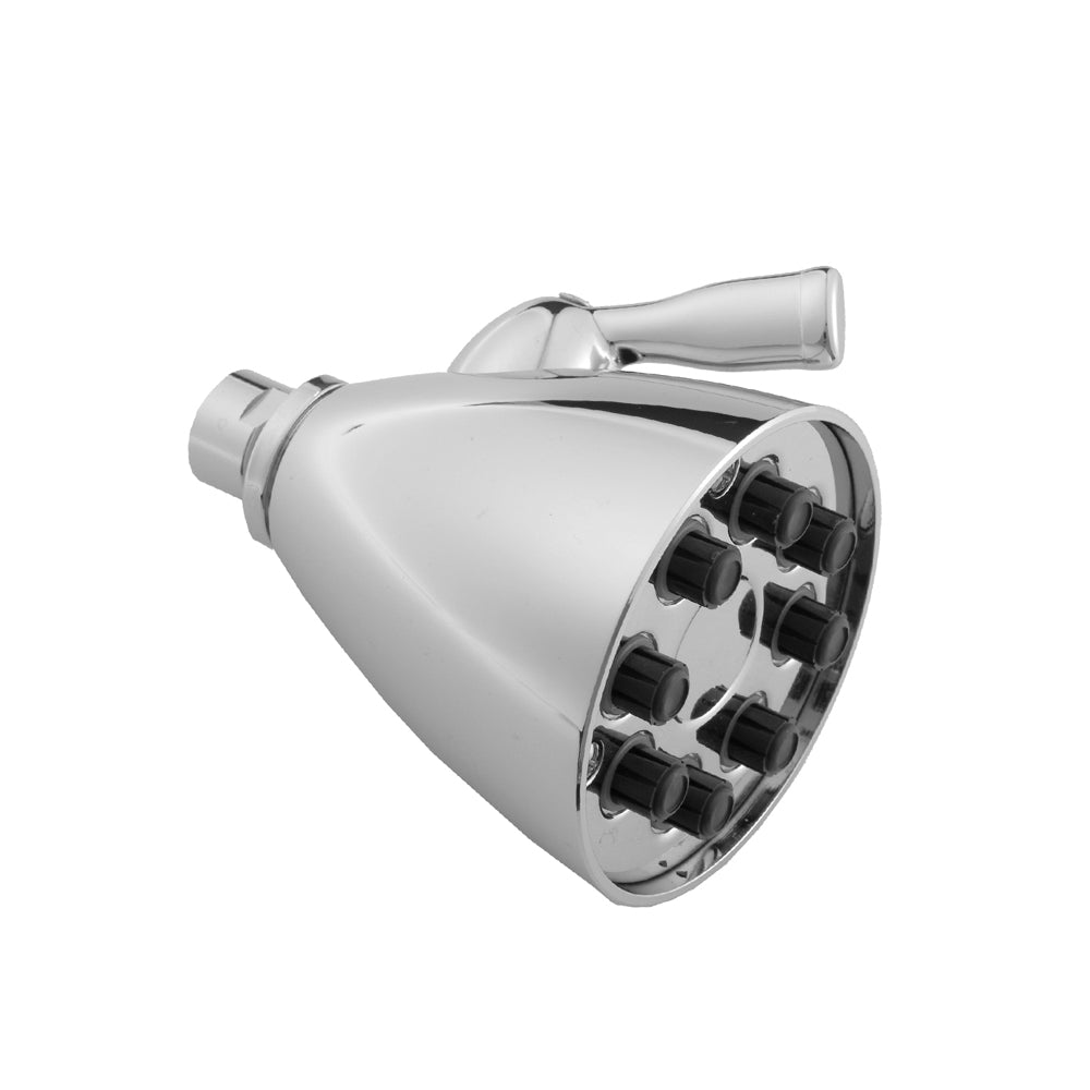 Polished chrome shower head with multiple black nozzles and adjustable spray arm attachment.