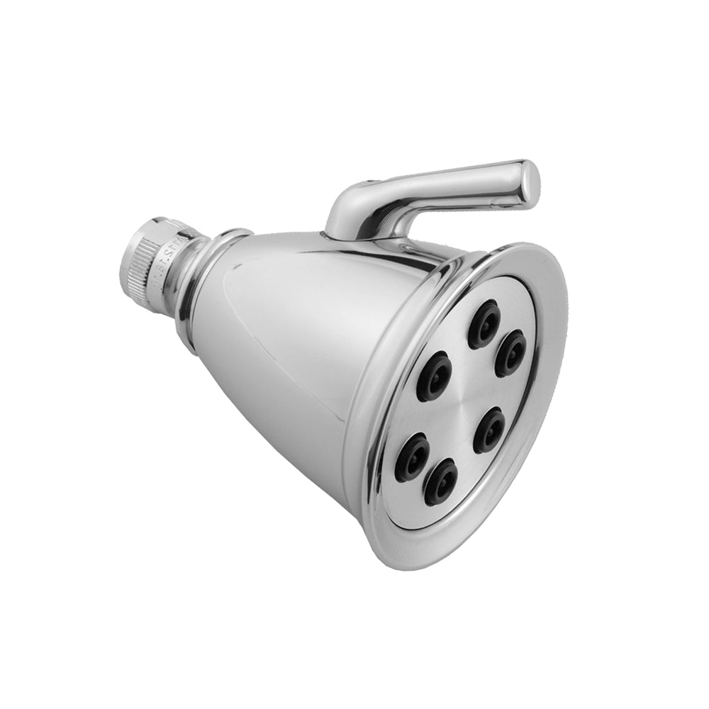 Pewter finish shower head with curved arm, round face featuring seven spray holes, and adjustable control knob.