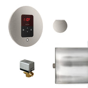 Round brushed nickel steam generator control kit with digital display showing 110F, control panel with power and adjustment b