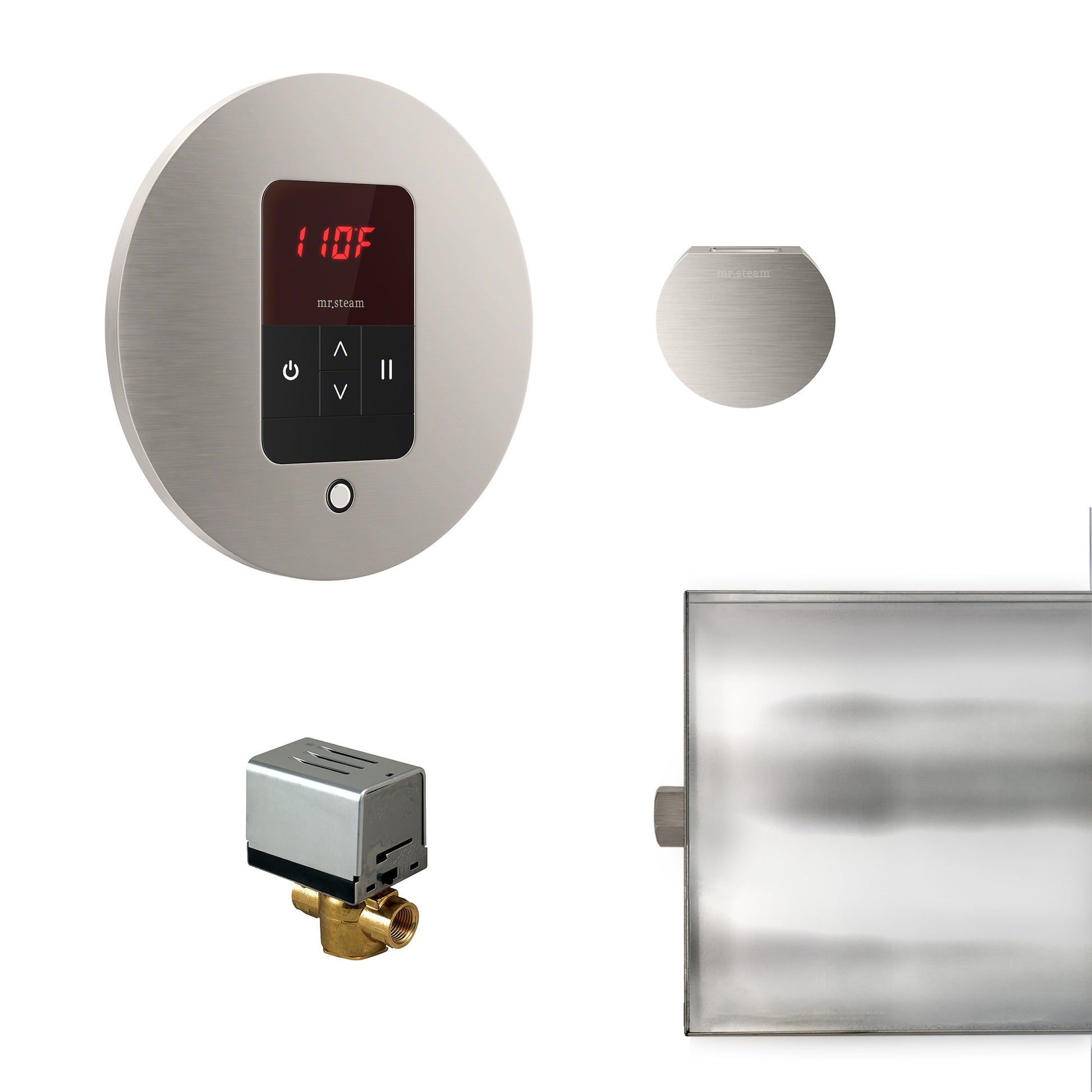 Round brushed nickel steam generator control kit with digital display showing 110F, control panel with power and adjustment b