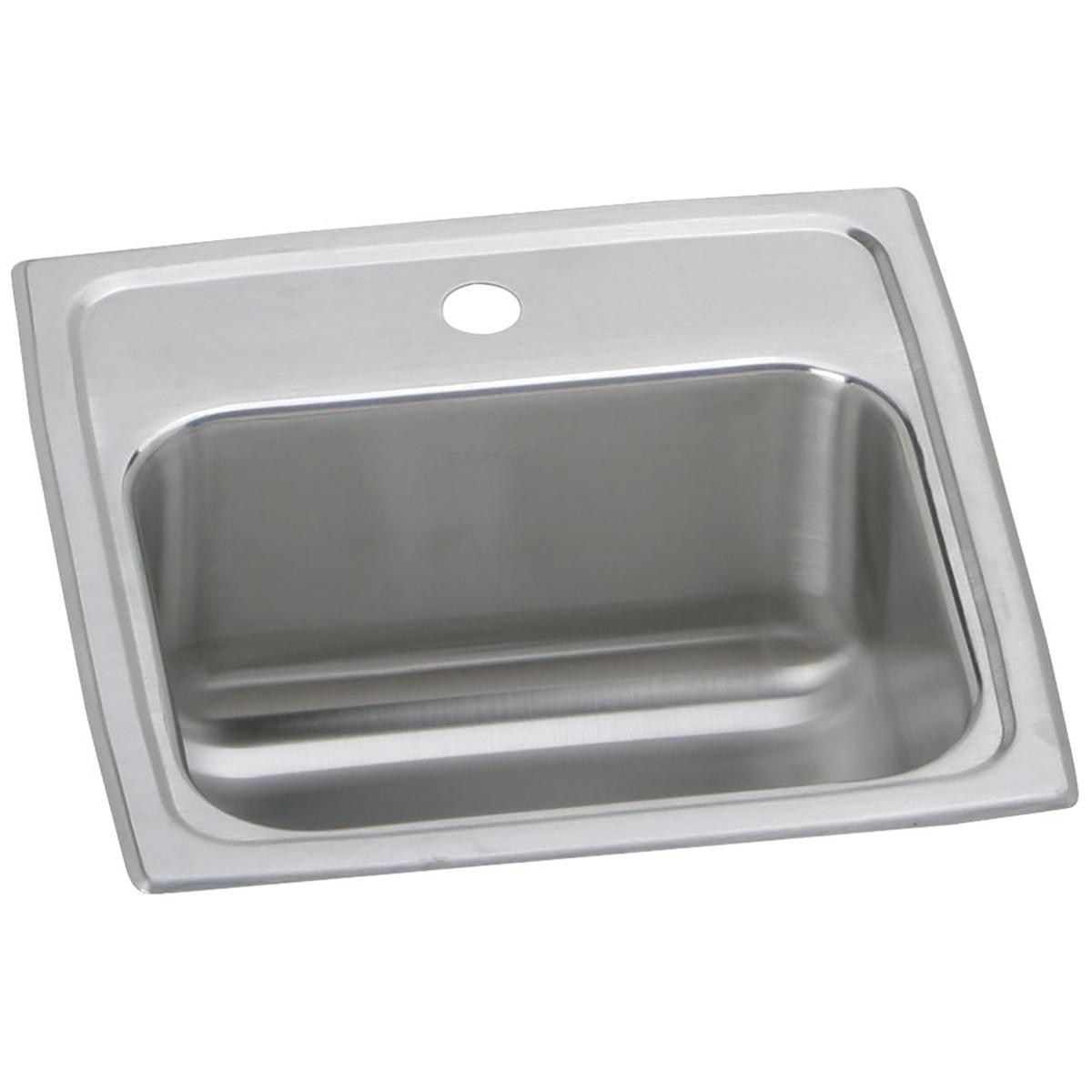 Stainless steel drop-in bar sink with single bowl and one faucet hole in the rim.