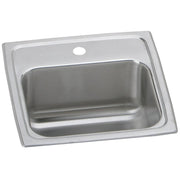 Stainless steel drop-in bar sink with single bowl and one faucet hole in the rim.