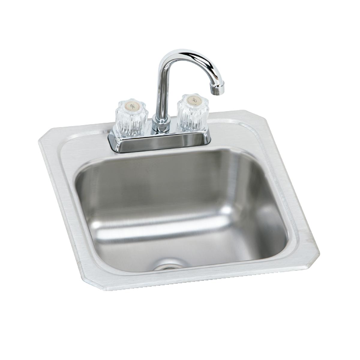 Stainless steel drop-in bar sink with white rim and chrome faucet with two crystal handles.