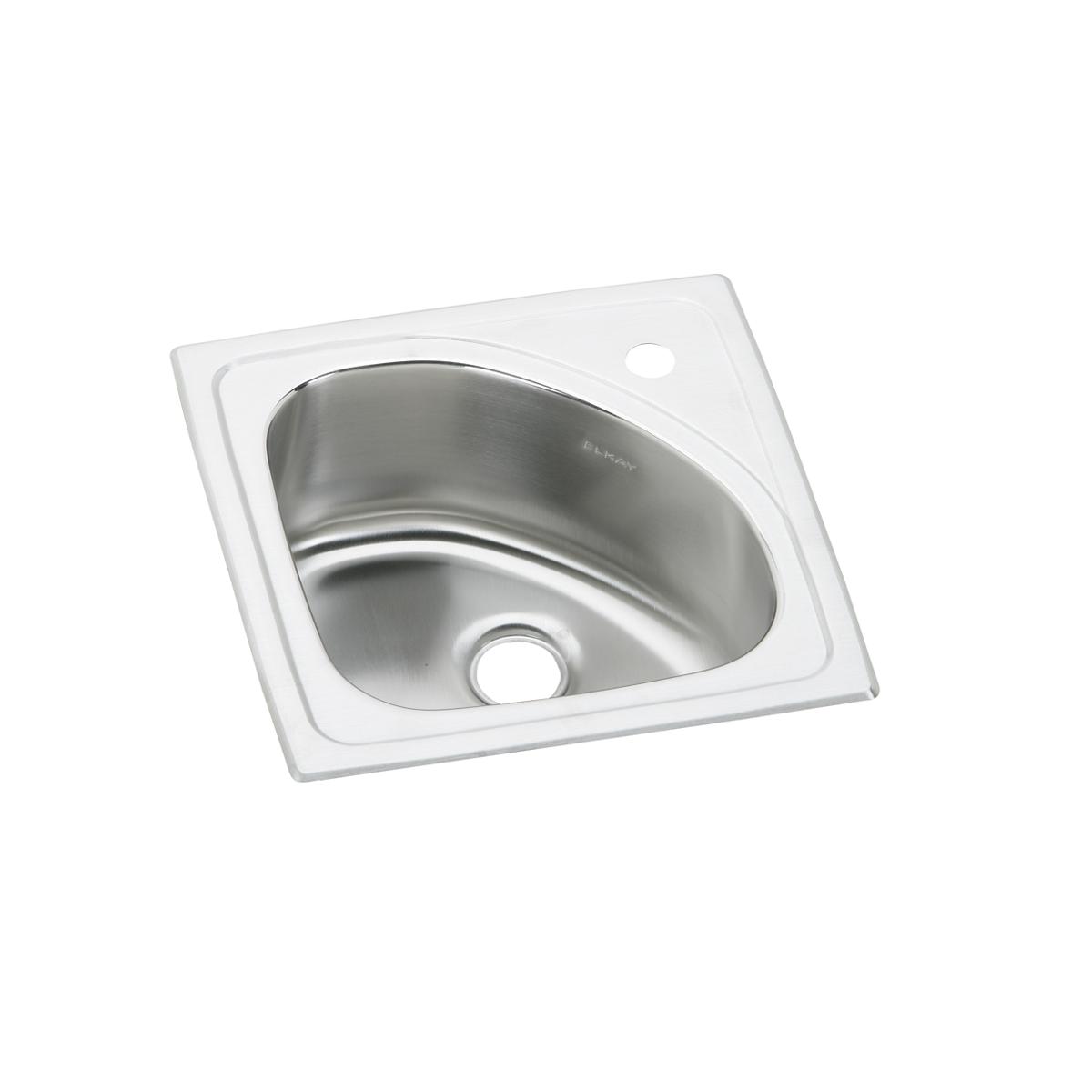 Stainless steel drop-in bar sink with single bowl, white rim, and one faucet hole.
