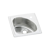 Stainless steel drop-in bar sink with single bowl, white rim, and one faucet hole.