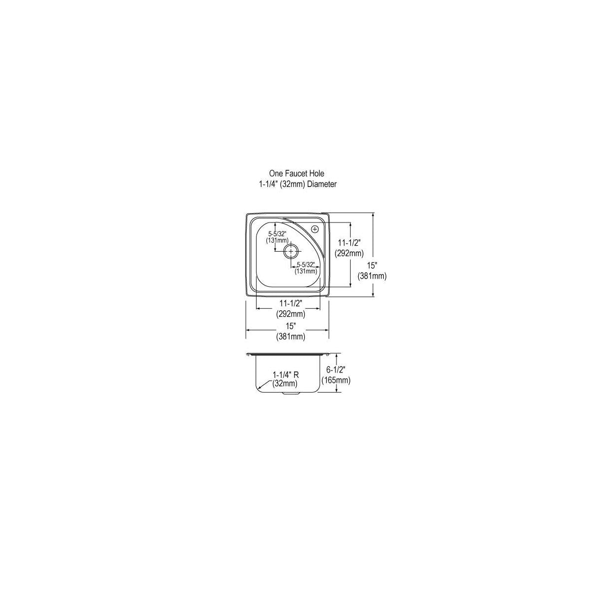 Technical drawing showing top and side views of a stainless steel drop-in bar sink with single bowl and one faucet hole.