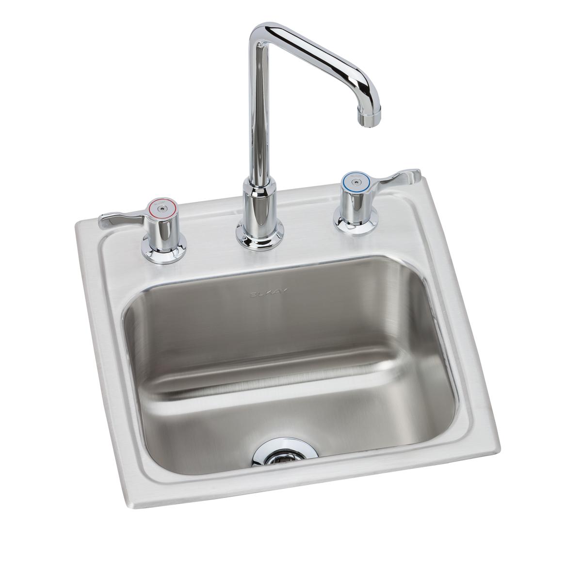 Stainless steel drop-in bar sink with white rim, single bowl, and chrome faucet with two handles.