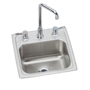 Stainless steel drop-in bar sink with white rim, single bowl, and chrome faucet with two handles.