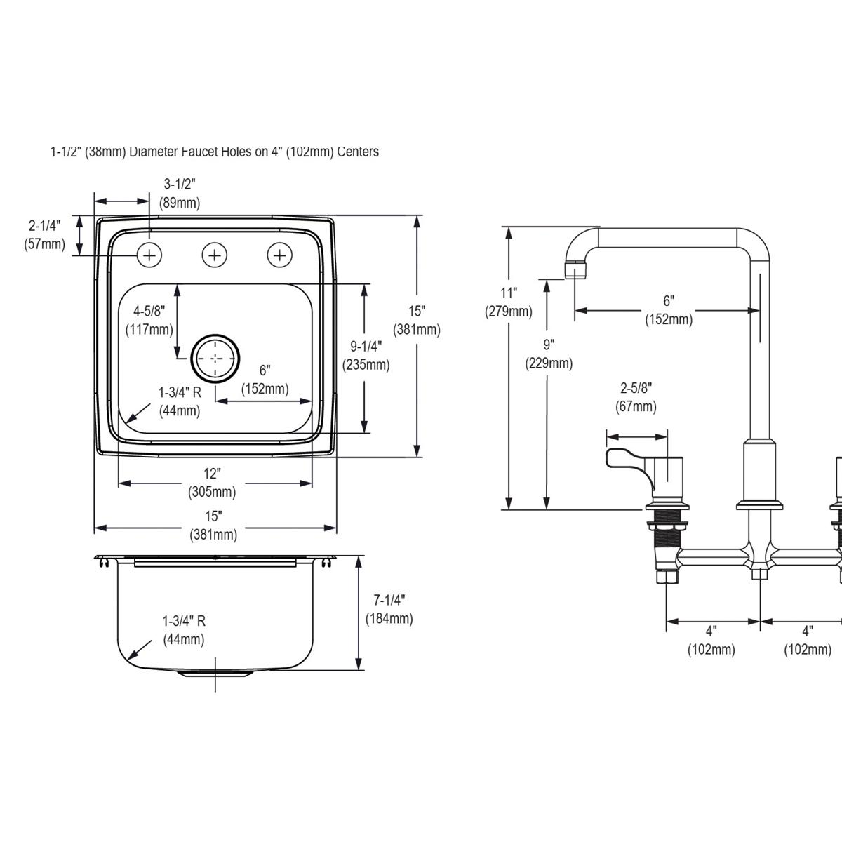 Technical schematic showing stainless steel drop-in bar sink bowl with three faucet holes and matching faucet dimensions and 