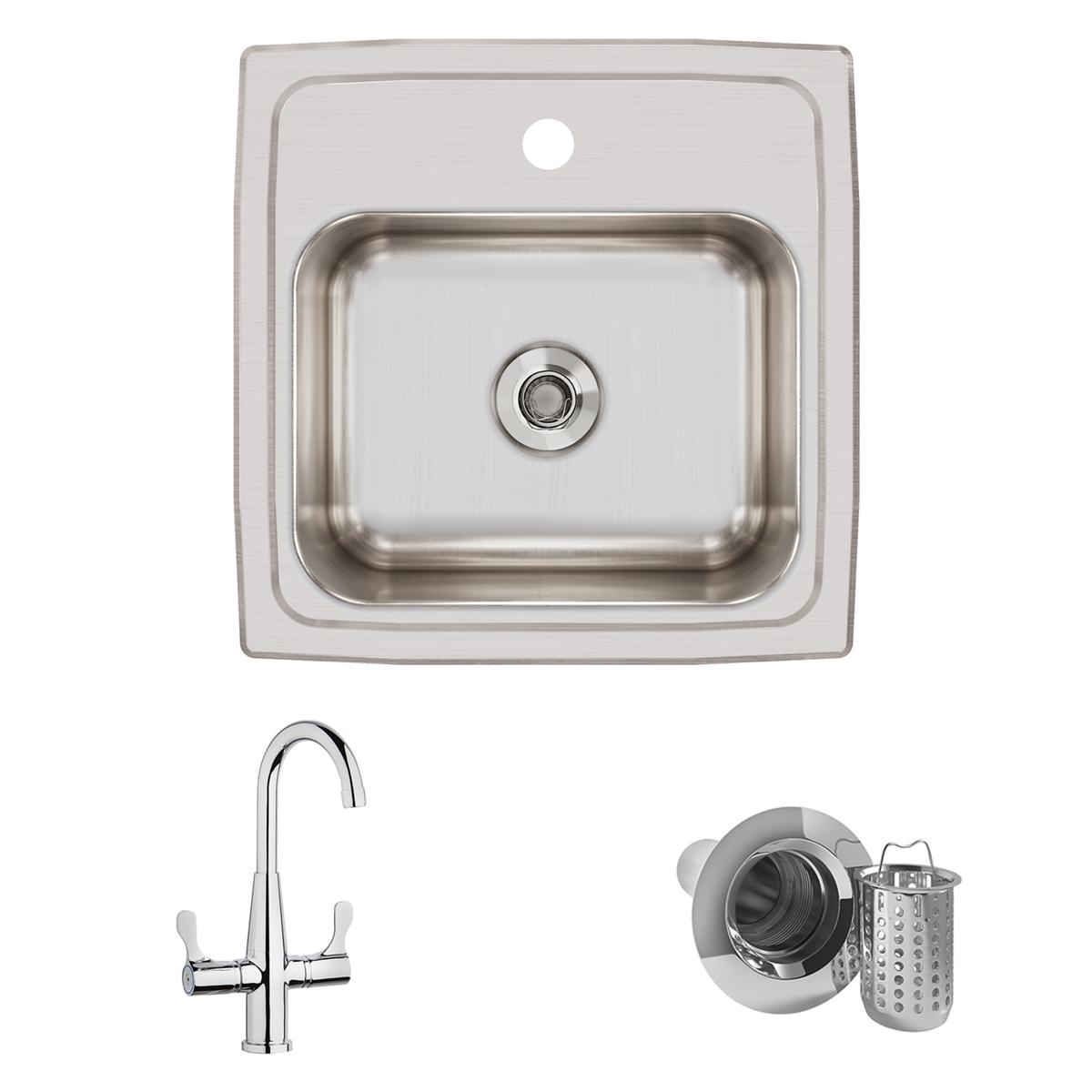 Stainless steel drop-in bar sink with single bowl, drain hole, matching curved faucet with dual handles, and strainer basket.