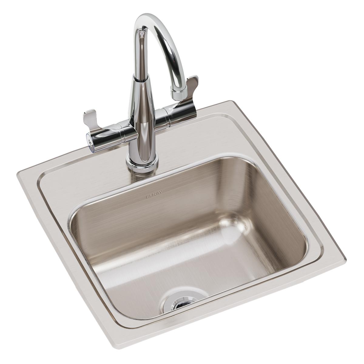 Stainless steel drop-in bar sink with single bowl and chrome pull-down faucet with lever handle.