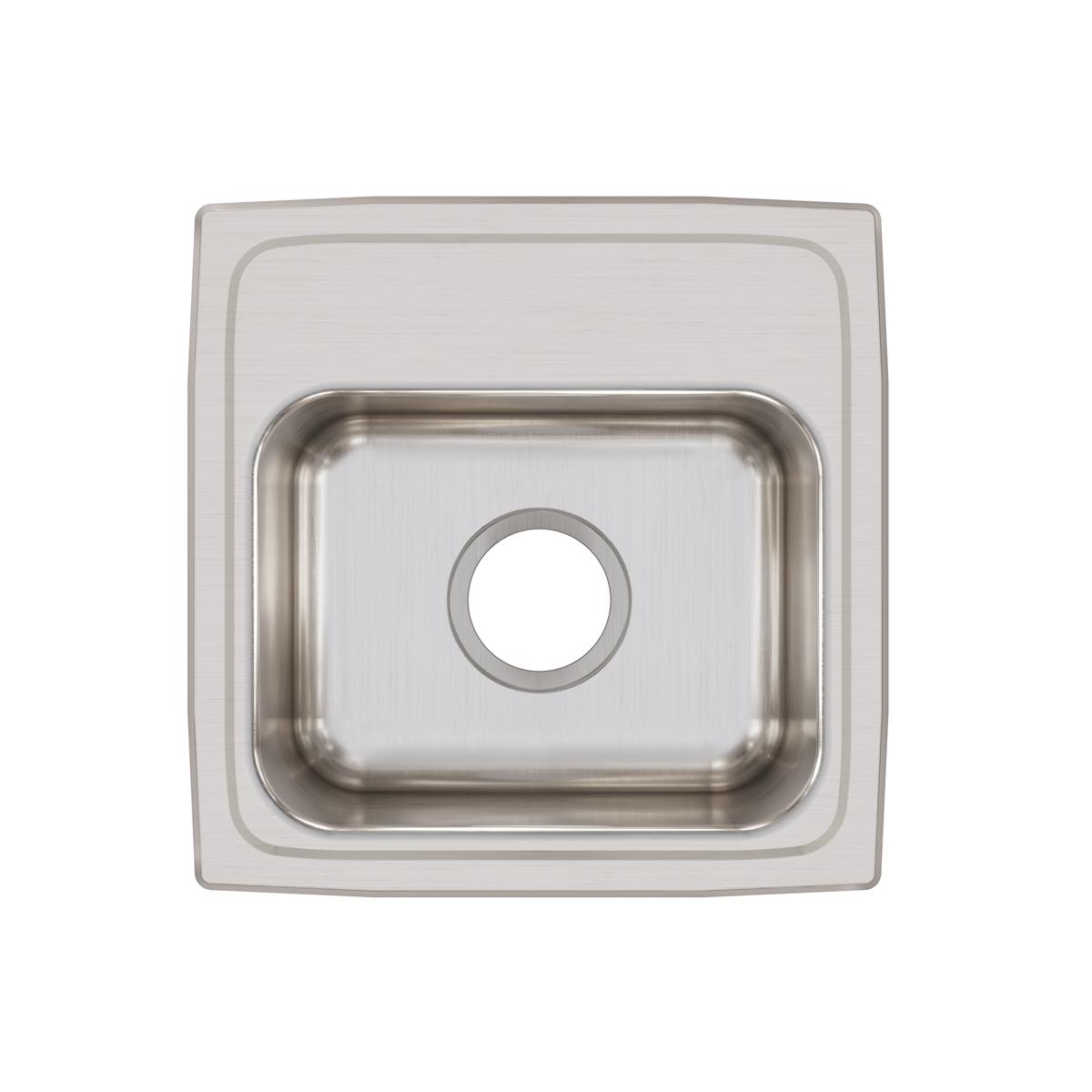 Stainless steel square drop-in sink with single basin and center drain hole, brushed finish.