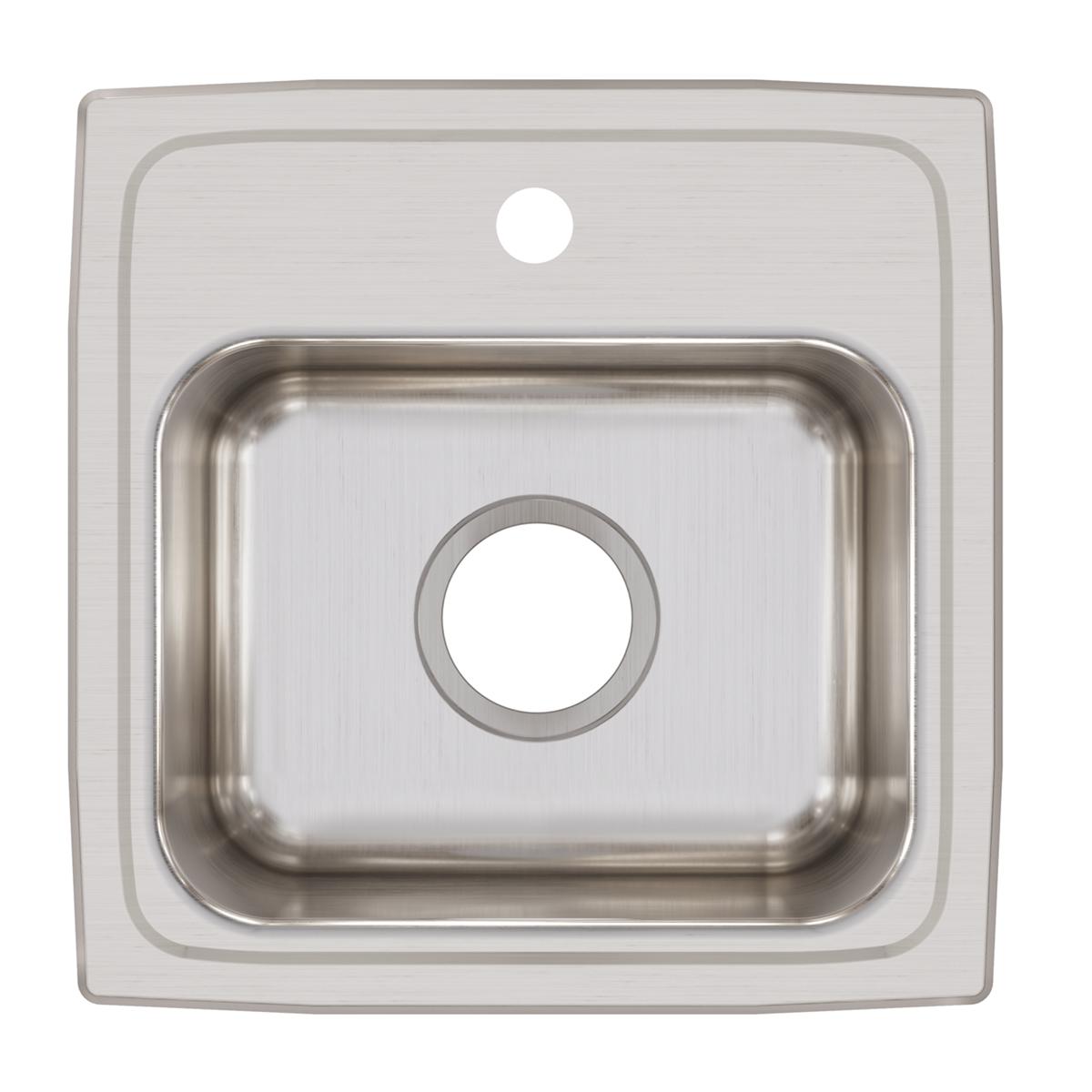 Stainless steel drop-in bar sink with single bowl, one faucet hole, and drain opening, viewed from above.