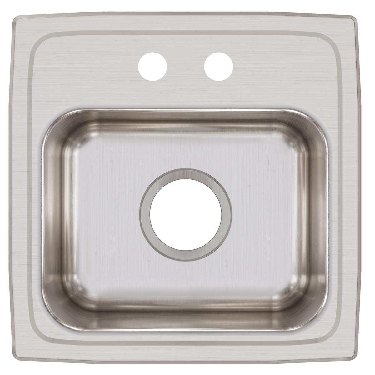 Stainless steel drop-in bar sink with single bowl, two faucet holes, and centered drain opening.