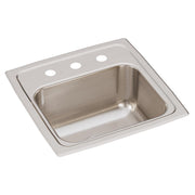Brushed stainless steel square drop-in bar sink with single bowl and three faucet holes on rim.