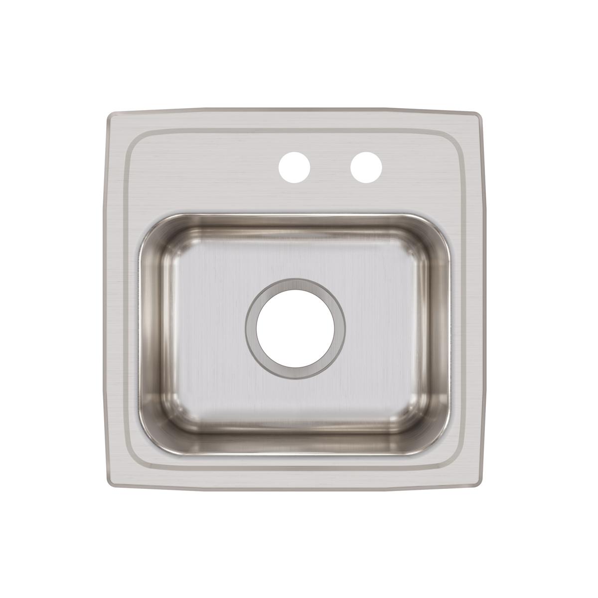 Stainless steel drop-in bar sink with single bowl, two faucet holes, and center drain opening, viewed from above.