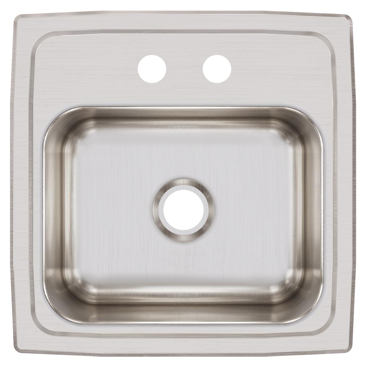Stainless steel drop-in bar sink with single bowl, two faucet holes, and brushed finish surface.