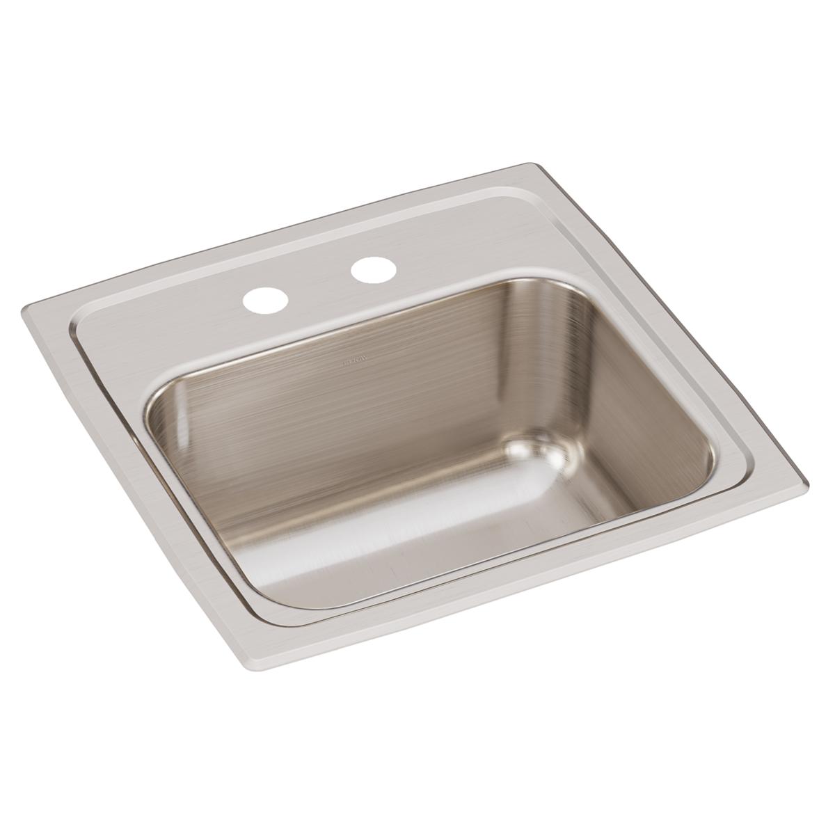 Stainless steel drop-in bar sink with single bowl, two faucet holes, and brushed finish surface.