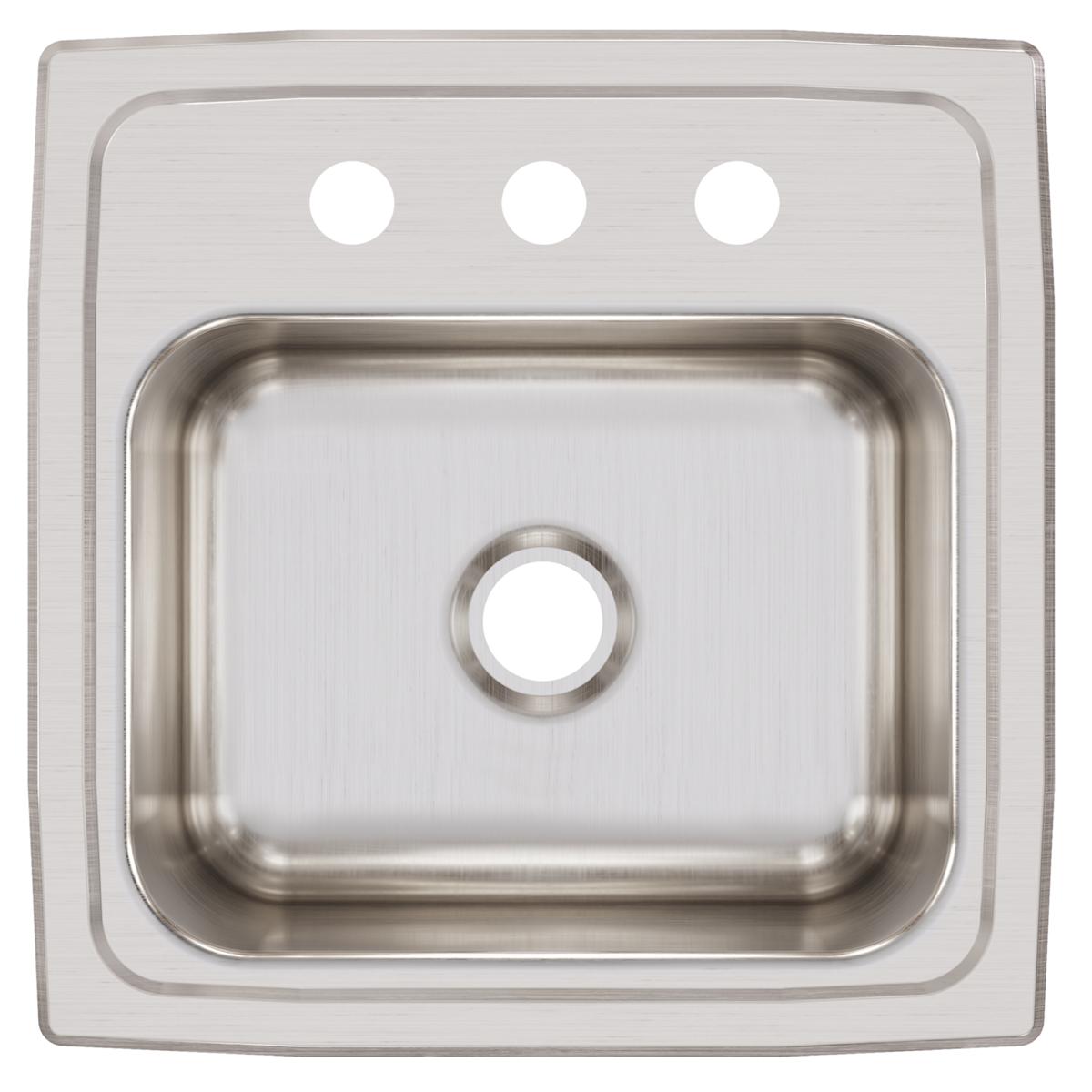 Stainless steel square drop-in bar sink with single bowl, three mounting holes, and 2-inch drain opening.