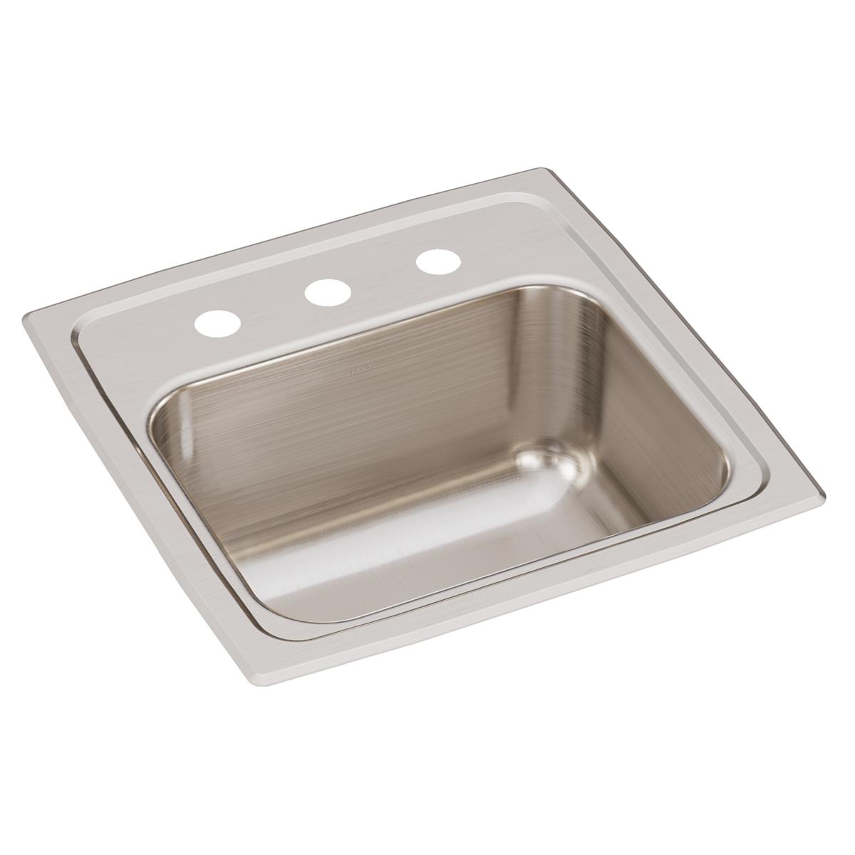 Stainless steel drop-in bar sink with single bowl, brushed finish, and three faucet holes on rim.