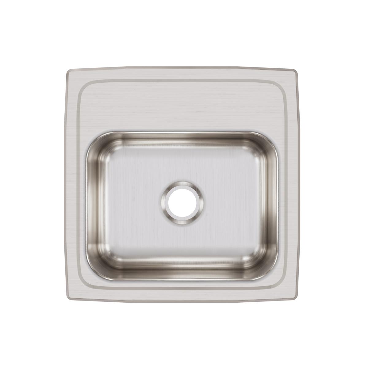 Stainless steel square drop-in bar sink with single bowl and one drain hole, viewed from above.