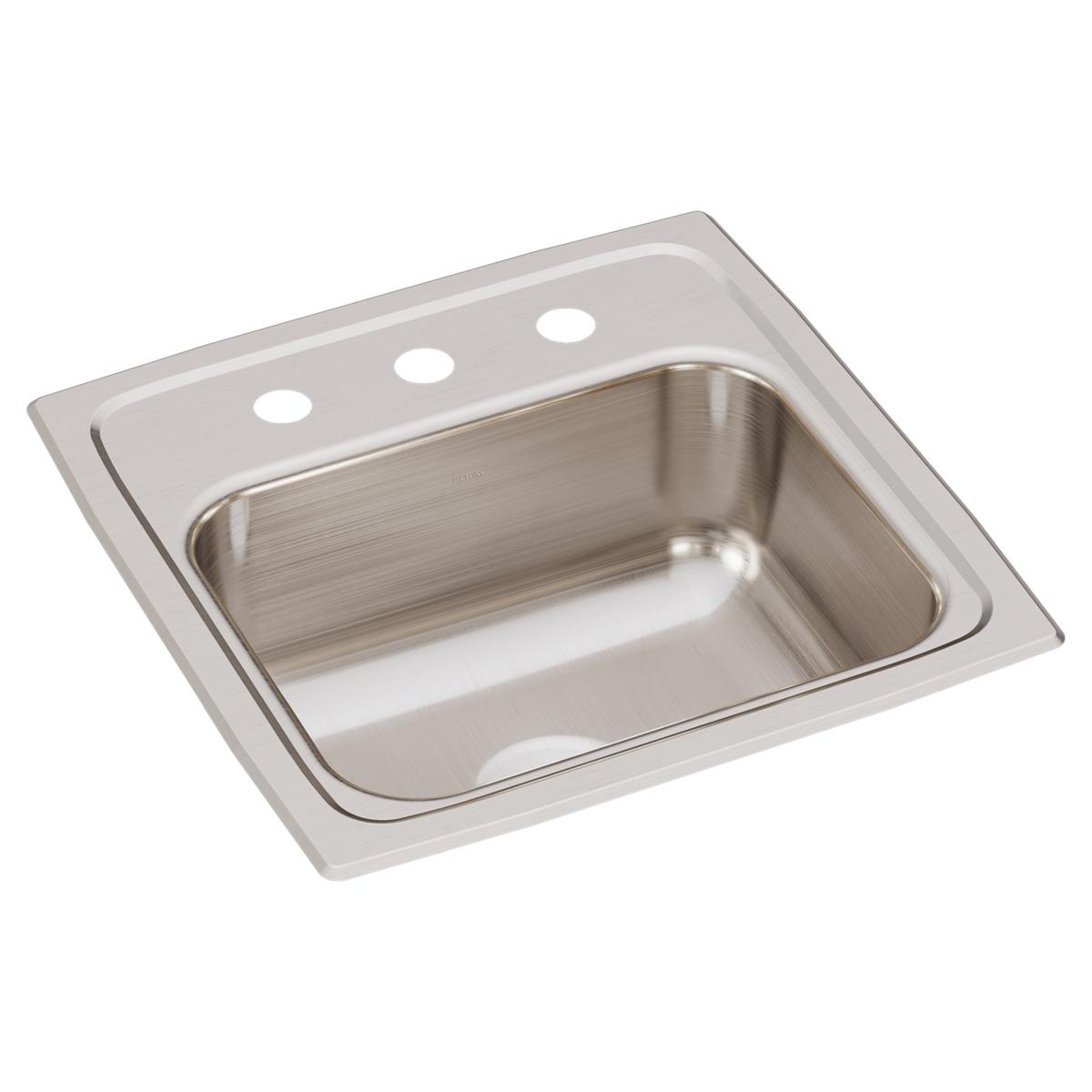Stainless steel drop-in bar sink with single bowl and three faucet holes along the rim.