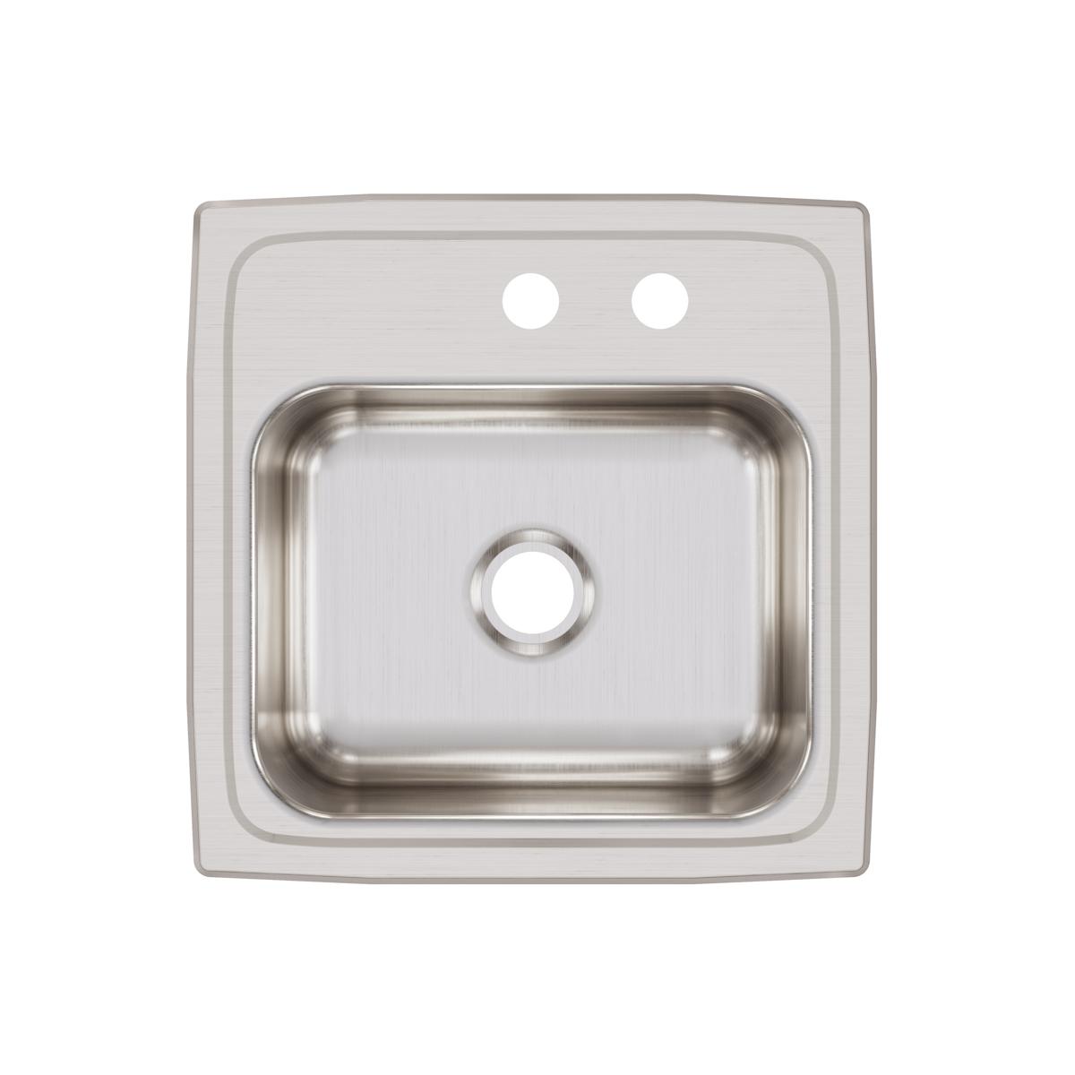 Stainless steel drop-in bar sink with single bowl and two pre-drilled holes, viewed from above.