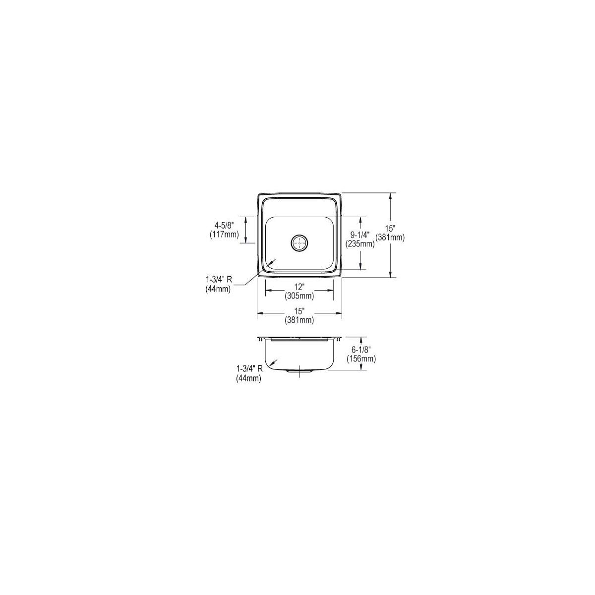 Stainless steel drop-in bar sink with single bowl and dimension specifications shown in top and side views.