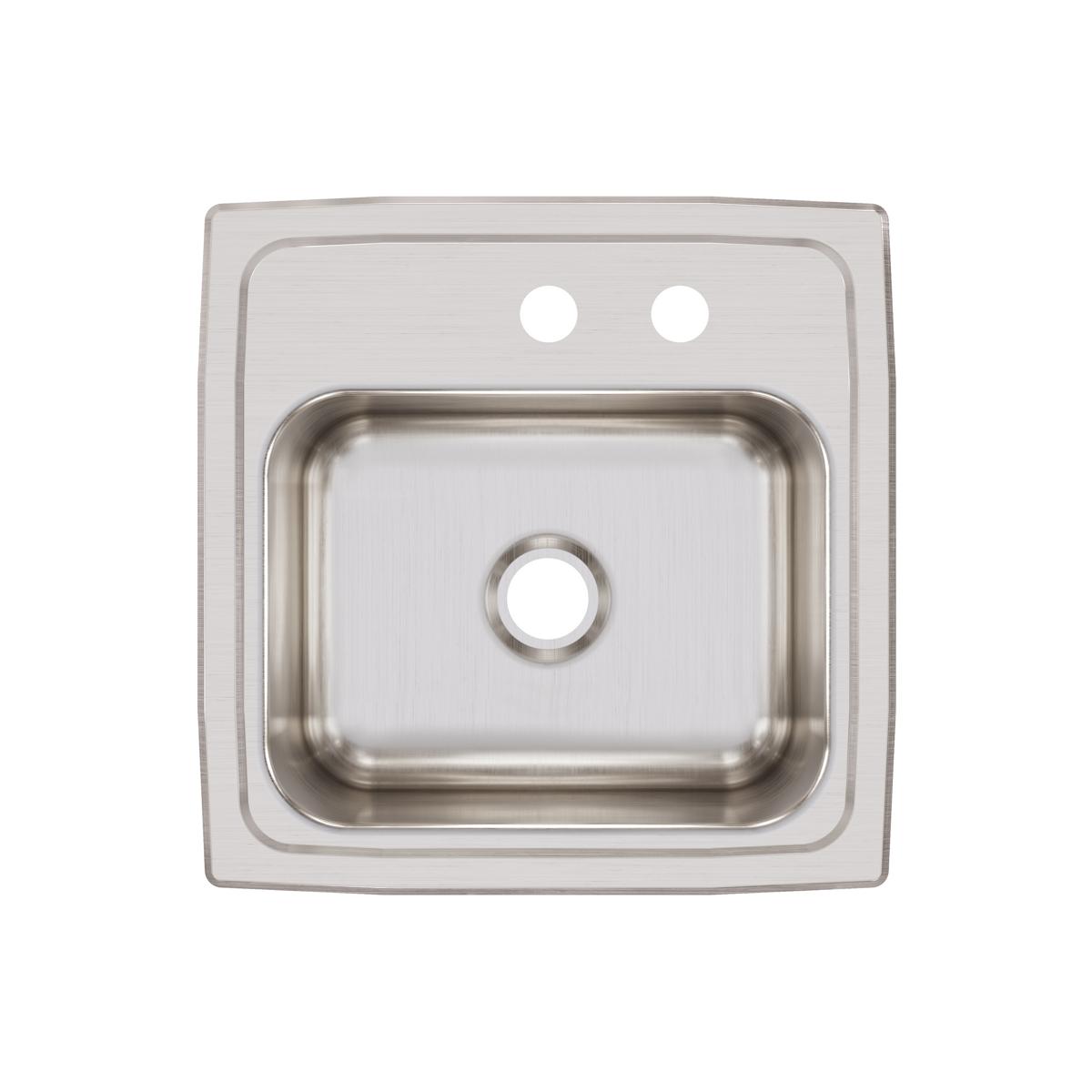 Stainless steel drop-in bar sink with single bowl, two faucet holes, and center drain opening, shown from above.
