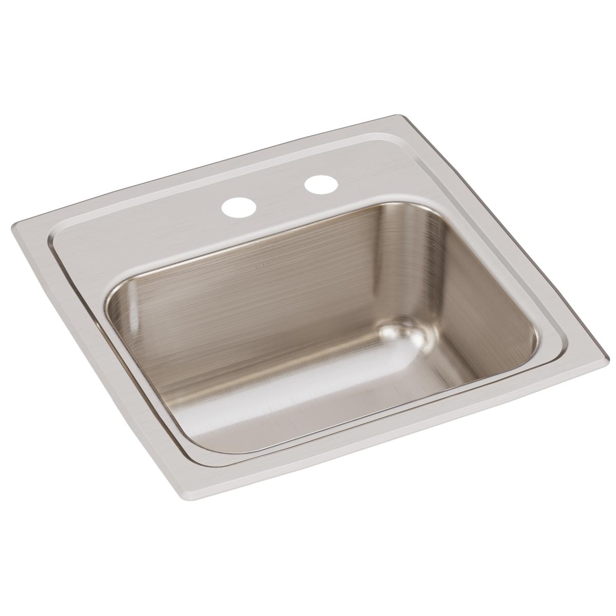 Stainless steel drop-in bar sink with single bowl, brushed finish, and two faucet holes on rim.