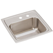 Stainless steel drop-in bar sink with single bowl, brushed finish, and two faucet holes on rim.