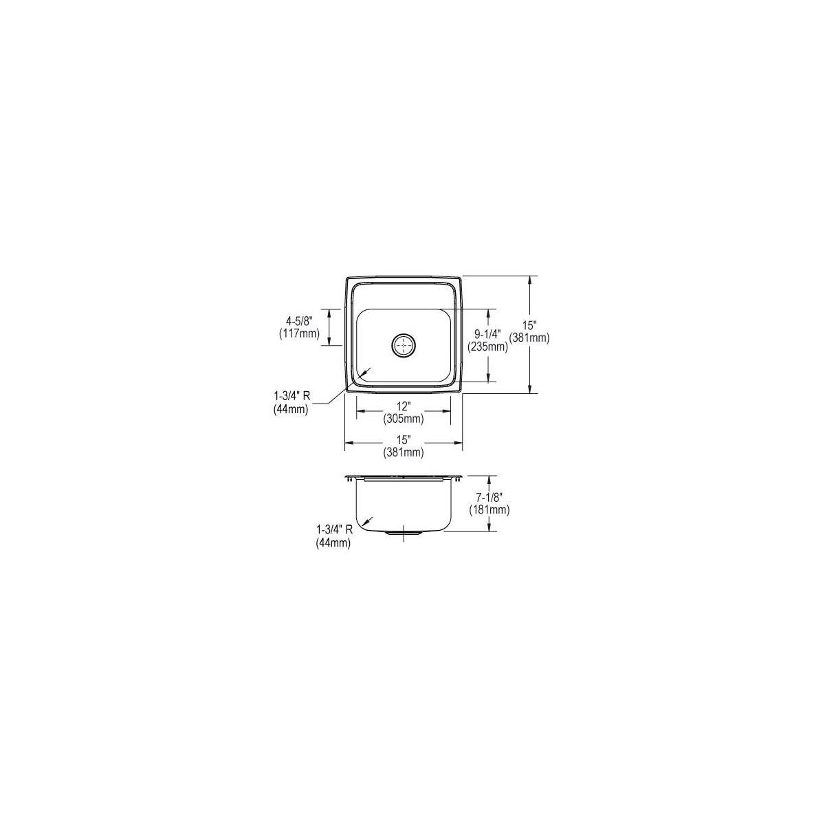 Elkay Lustertone Classic Stainless Steel 15" x 15" x 7-1/8" 1-Hole Single Bowl Drop-in Bar Sink with 2" Drain