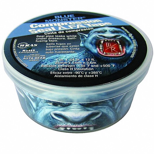 Blue Monster compression seal tape roll, 1 inch by 12 feet, in clear plastic container with blue label.